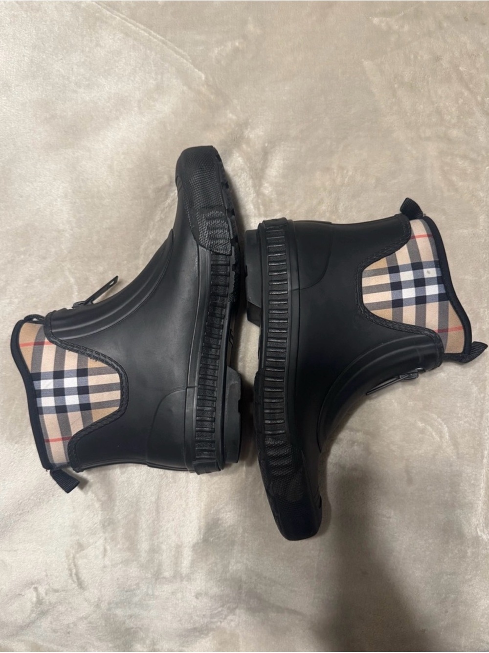 Burberry Black Rubber Chelsea Boots with Vintage Check Panels